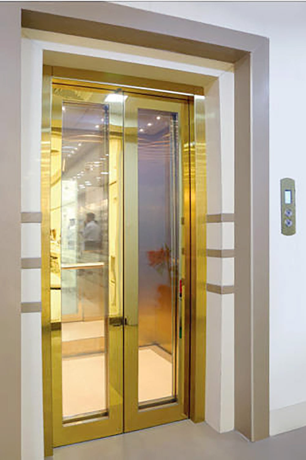 درب طبقه سانترال دو لته استیل شیشه با استیل طلایی